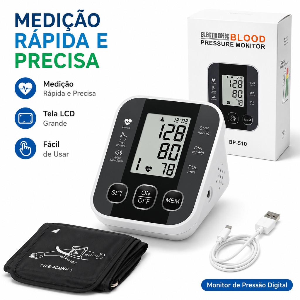 Medidor de Pressão Arterial de Braço Digital Automático com Memória e Display LCD