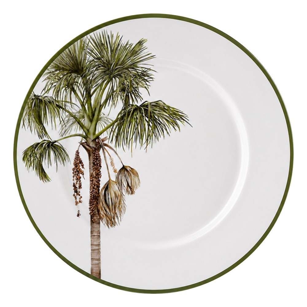 Prato Raso de Cerâmica Branco Tropical Malibu Coqueiro Palm 29cm Alleanza