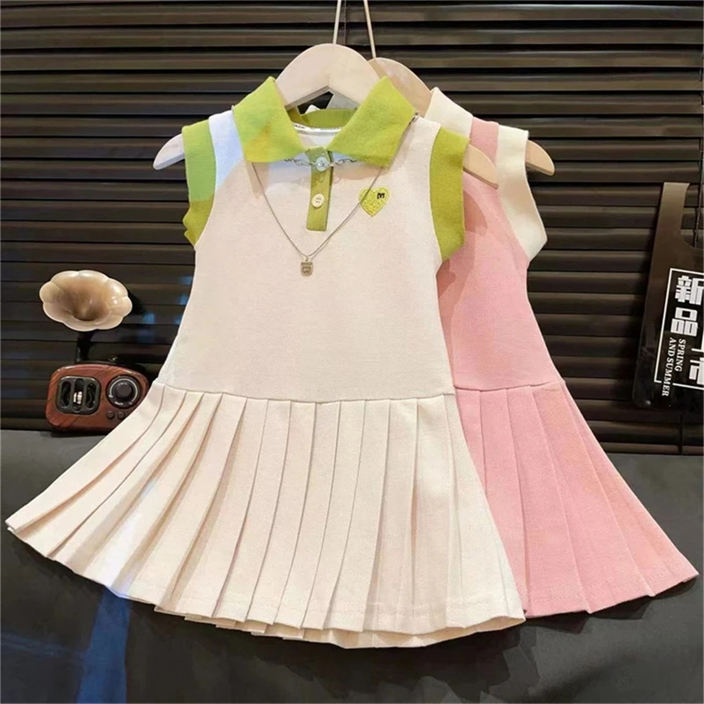 Médio grande crianças colete saia verão 2025 novo estilo meninas amor polo saia plissada moda vestido sem mangas
