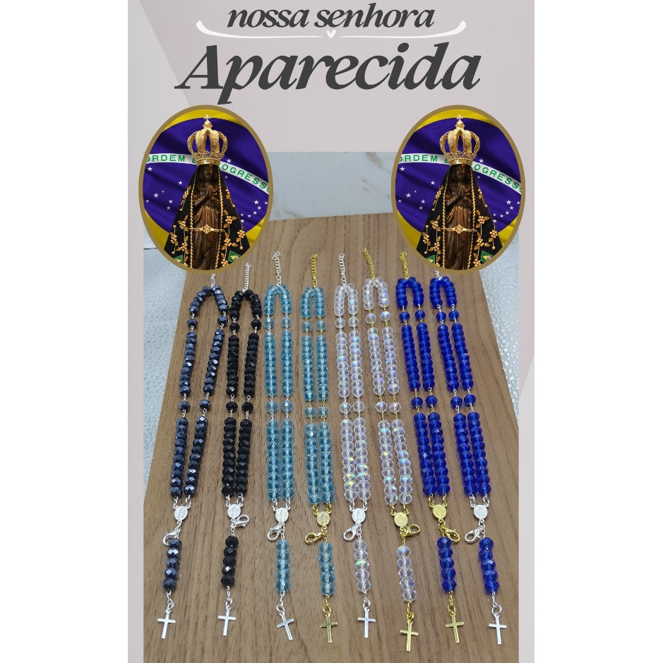 Terço De pulso Folheado prata 925 e no ouro 18k Terço Nossa Senhora Aparecida Pedras Cristal folheado na Promoção