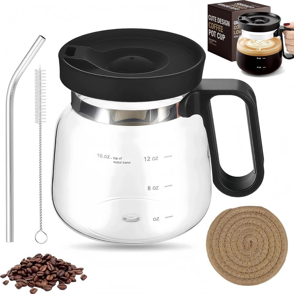 Cafeteira de Vidro de 16 Oz, Mini Cafeteira, Novidade Resistente ao Calor, Grande Capacidade, Transparente com Alça e Ta