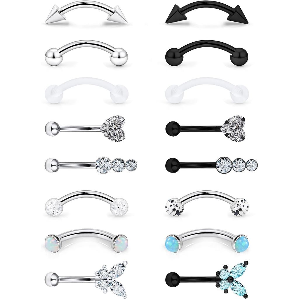 16g 8mm Silver/Black/Rainbow Eyebrow Piercing Jewelry Rings Curved Barbell Vertical Labret Lip Surgical Steel Small Bell