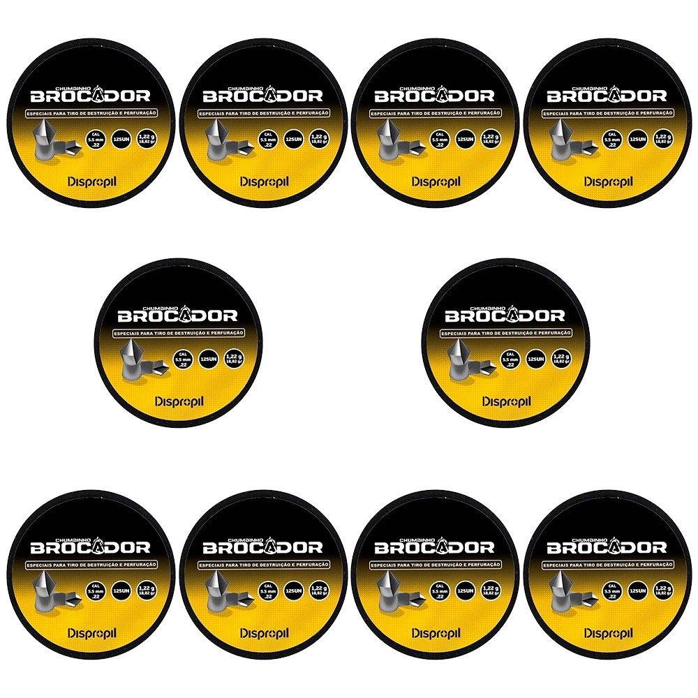 Kit 10 Chumbinho Brocador Cal 5.5mm .22 125un 1,22g 18,82gr - Dispropil