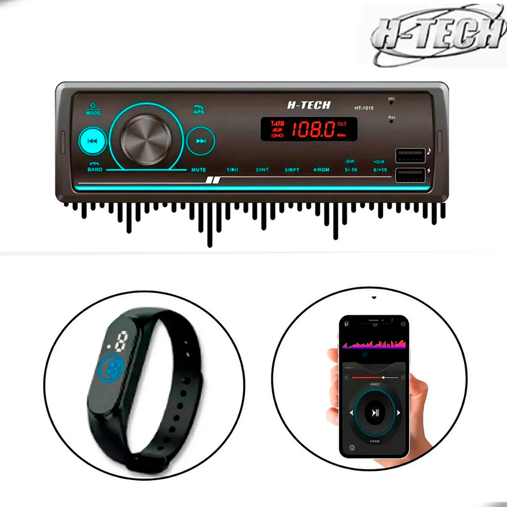 Rádio Carro Bluetooth USB AUX HTech 4x25W + Relogio Digital