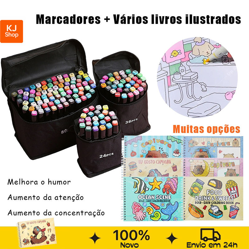 Kit Livro De Colorir Capa Dura 50 Páginas Com Caneta Marcadora Ponta Dupla 24 36 48 60 80 Cores Belifou