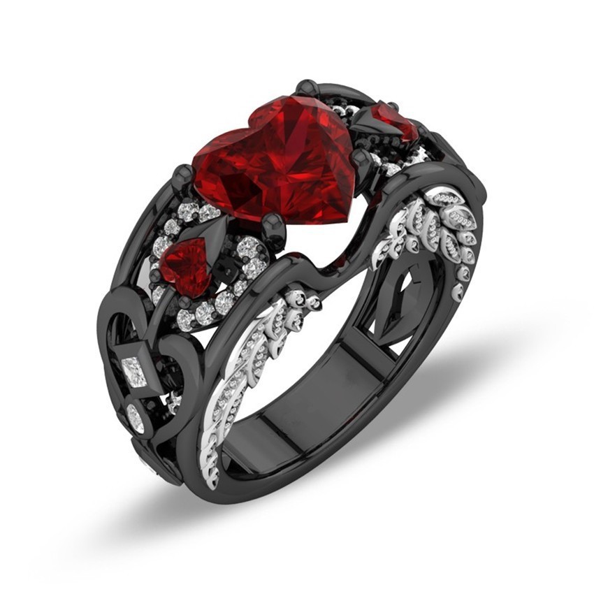 Anel Coração Vermelho com Asas de Anjo, Anel de Noivado com Cristal de Zircônia Azul Celeste, Anel Aberto Estilo Princes
