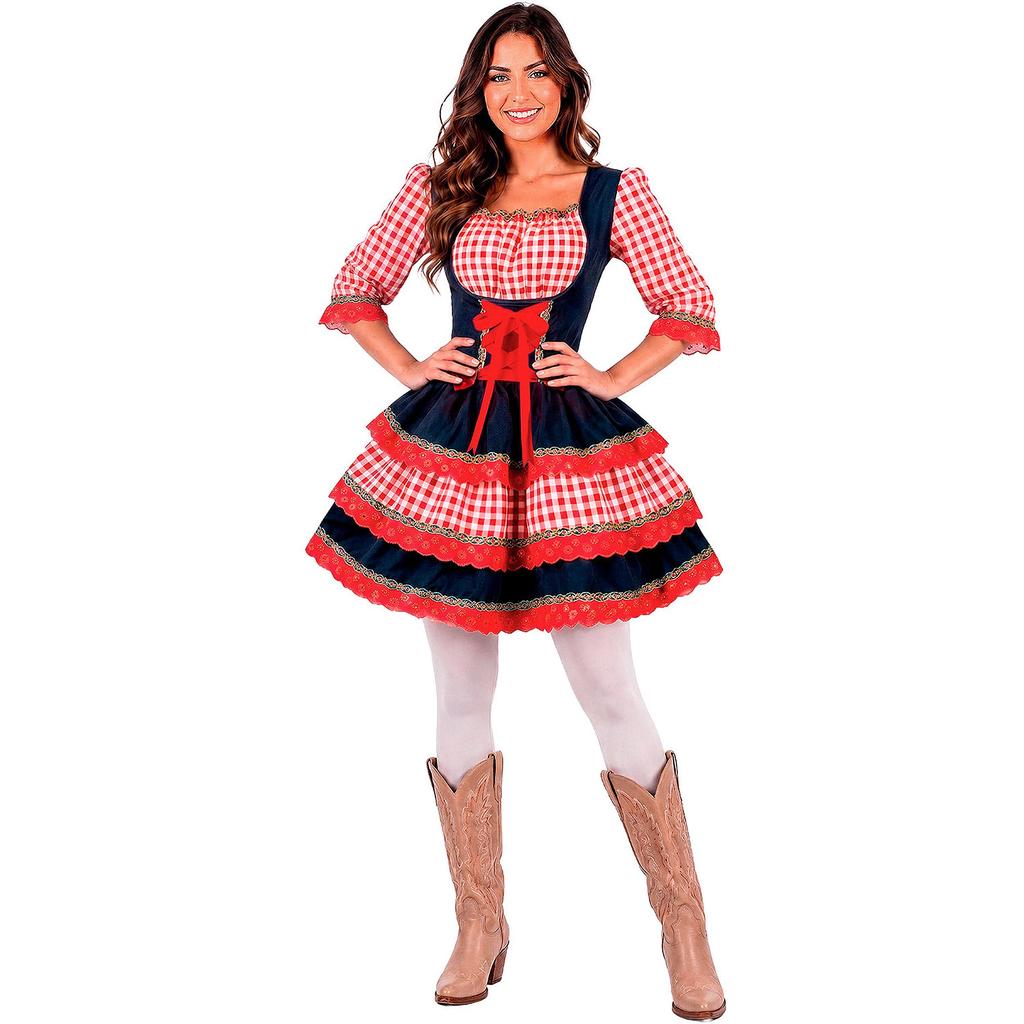 Vestido Festa Junina Adulto Feminino Xadrez Manga Longa de Luxo Ajustável