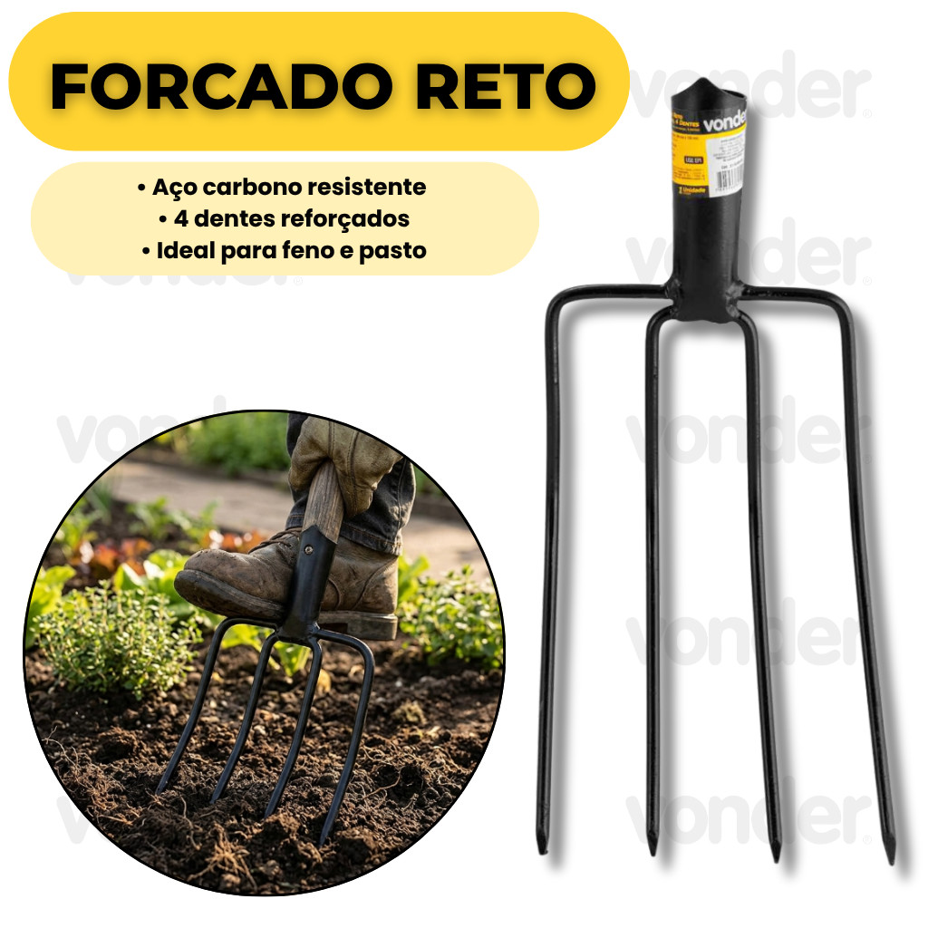Imagem Forcado Reto 4 Dentes Sem Cabo Aço Carbono Para Feno Pasto Alfafa Resistente Vonder Profissional