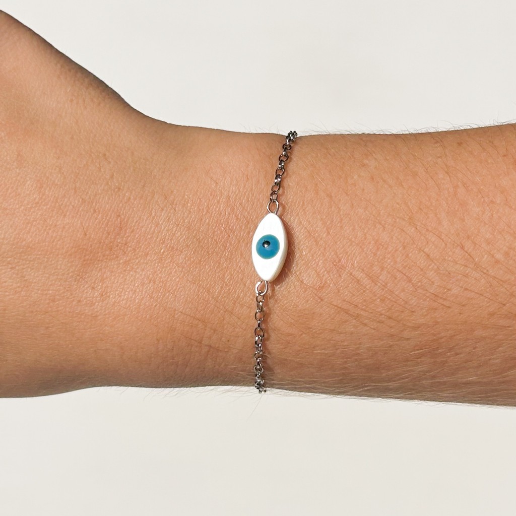Pulseira Olho Grego em aço inox e madrepérola | Pulseira Olho Grego