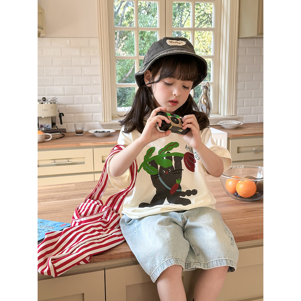 Beifu beifu crianças verão moda algodão dos desenhos animados de manga curta camiseta meninas versão coreana solta All-M