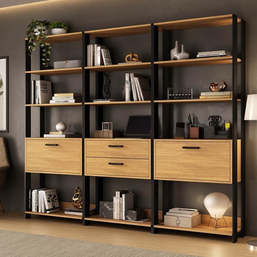 Estante de Escritório Modulada Texas MP6060 2 Portas 2 Gavetas MDF-MDP Preto-madeirado Multimóveis