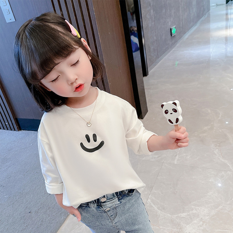 Feminino.Crianças Camiseta Branca. Crianças de Manga Comprida Smiley Face Roupas de Primavera 2025 Primavera Outono Novo
