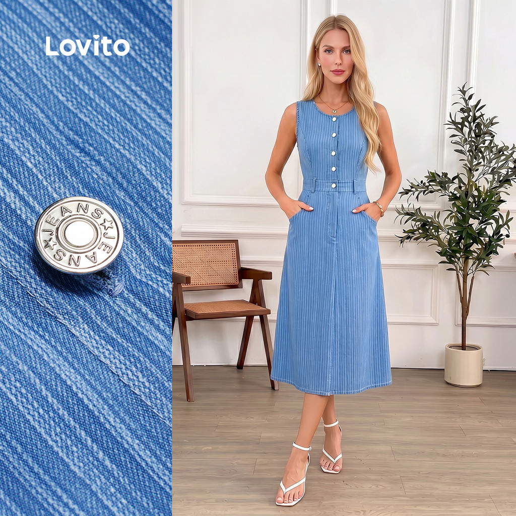 Lovito Casual Vestido com Botão Primavera/verão Azul para Mulheres LBL31090
