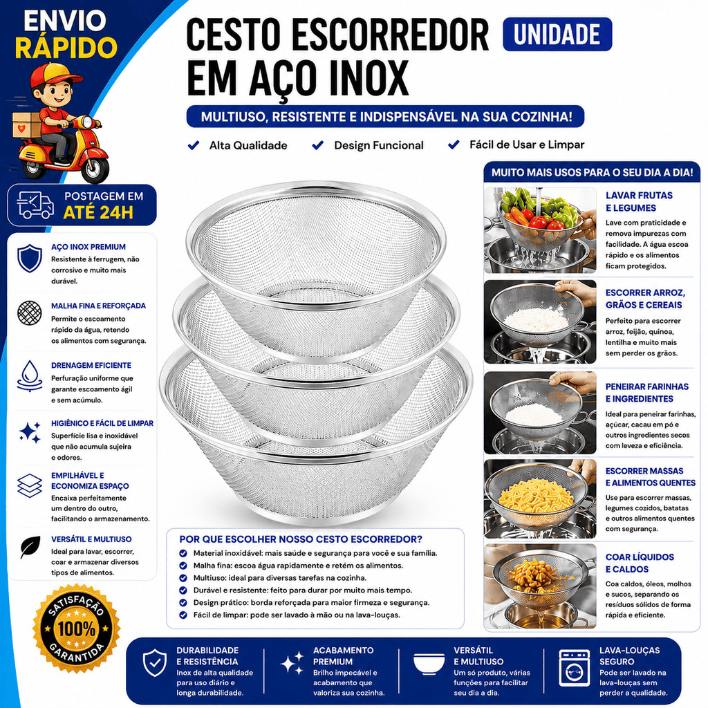 Cesta Escorredor Inox 22cm 25cm 28cm Cestos Para Lavar  Cozinhar Alimentos A Vapor Arroz Legumes Massas Frutas