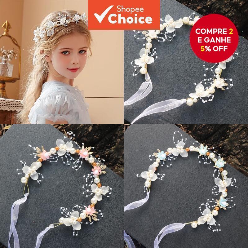 Conjunto De Faixa De Cabeça Com Coroa Floral Infantil-Tiara De Pérola , Flor De Pulso E Brincos De Fada Para Meninas De