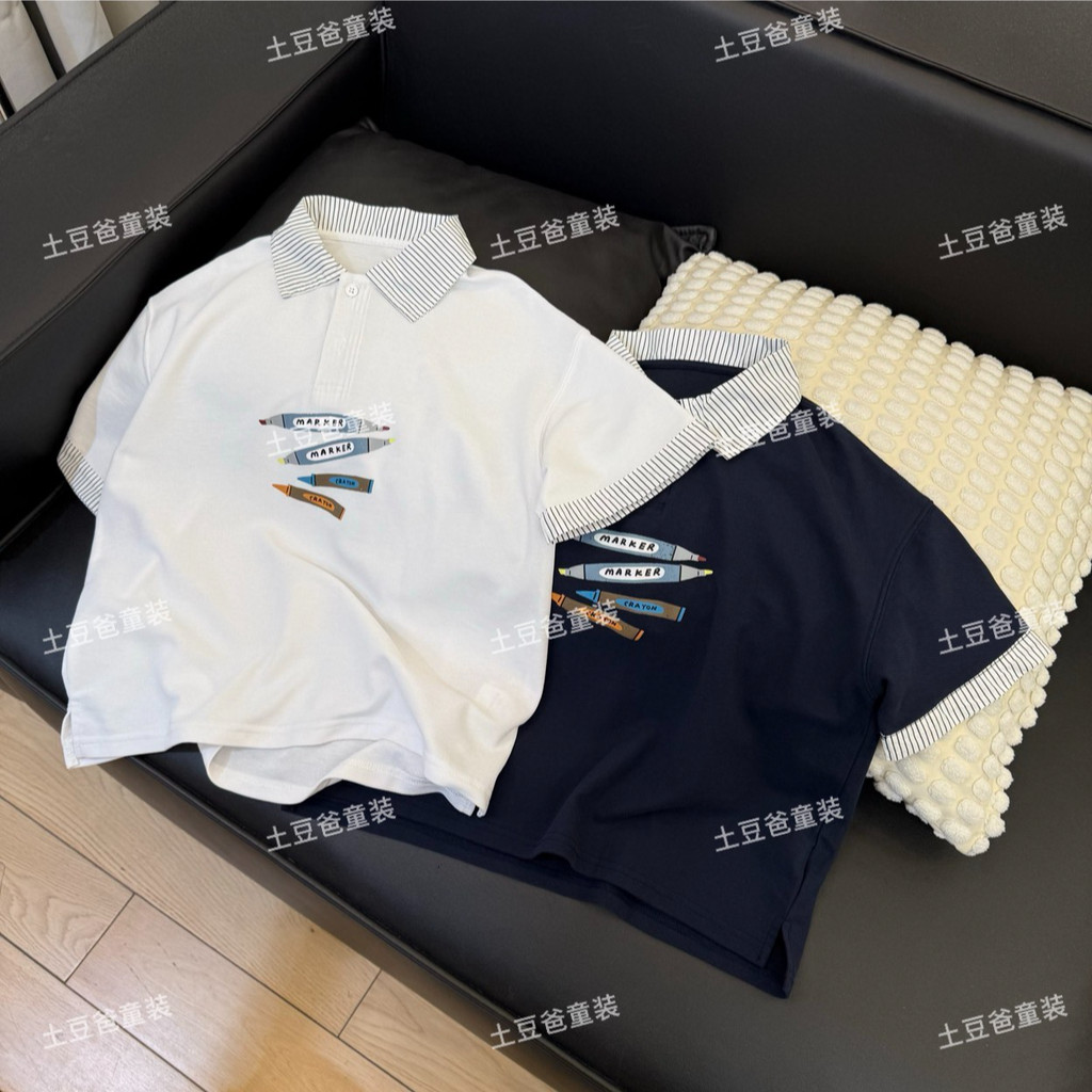 Meninos verão listrado lapela camisa Polo crianças escova impressa camiseta de manga curta médio grande crianças Casual 