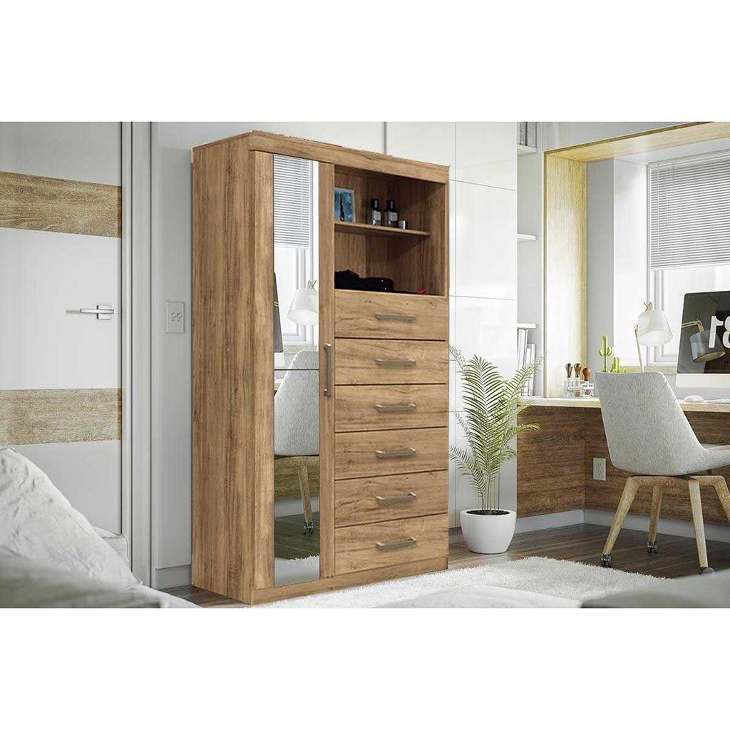 Cômoda de Quarto Marabá 1.6 c/ 1 Porta 2 Nichos e 6 Gavetas c/ Espelho Jatoba/Ebano - Santos Andirá