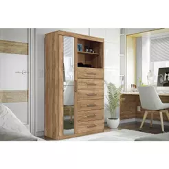 Cômoda de Quarto Marabá 1.6 c/ 1 Porta 2 Nichos e 6 Gavetas c/ Espelho Jatoba/Ebano - Santos Andirá