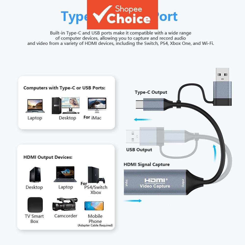 Placa de captura de vídeo USB 2.0 4K compatível com HDMI para USB-C, gravador de vídeo para jogos, transmissão ao vivo