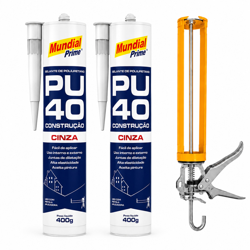 kit 2 selante PU40 Cinza 400g + Pistola Aplicadora PU Poliuretano Vedação Construção Civil