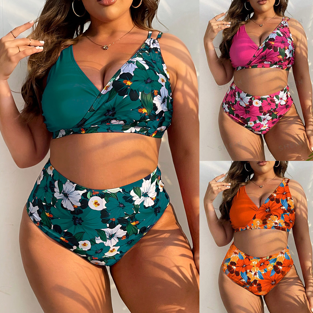 Biquíni plus size/biquíni de cintura alta com decote em V profundo/conjunto de biquíni sexy com estampa floral e efeito