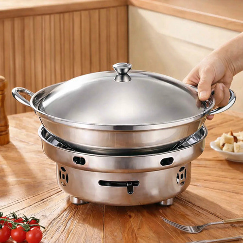 Rechaud Fogareiro Leve Tampa Inox Álcool 2,5lts Fondue Hotpot 26cm Redondo Buffet Restaurante Com Alças E Tampa Portátil