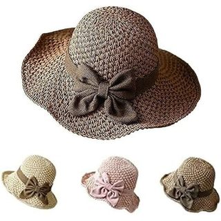 Chapéu De Sol De Palha Tecido Elegante Com Laço , Retrô Para Mulheres , Aba Larga , Chapéus De Balde De Viagem Empacotáv