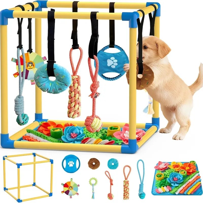 Ginásio De Brincar De Cachorrinho Interno Com Estrutura De PVC , Corda De Velcro Elástica , Tapete De Snuffle E 8 Brinqu