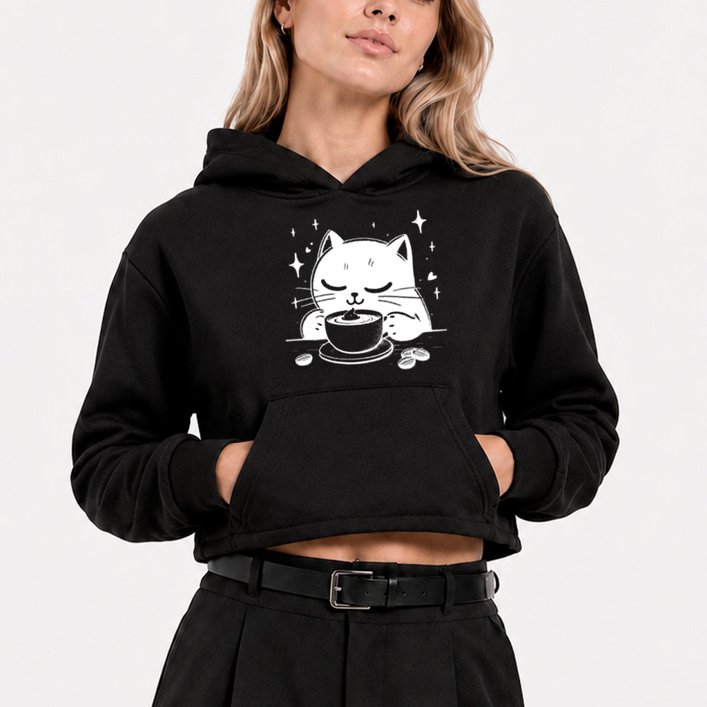 Moletom Cropped Canguru Gato Café Fofo Cute Com Capuz e Bolso Blusa de Frio Feminino Flanelado