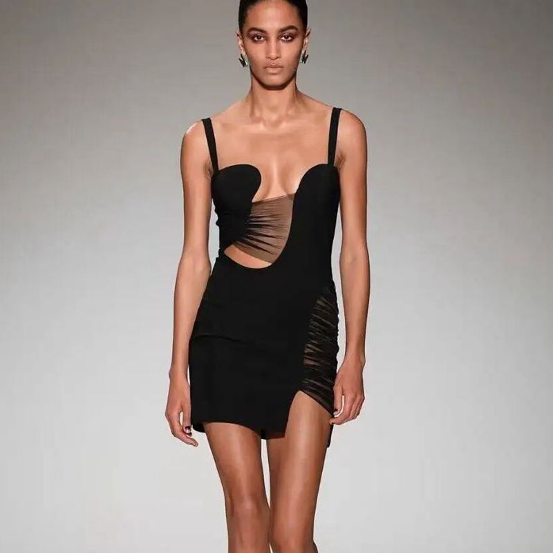 Europeu europeu americano feminino verão estilingue preto transparente Net oco Sexy Mini vestido de bandagem forneciment
