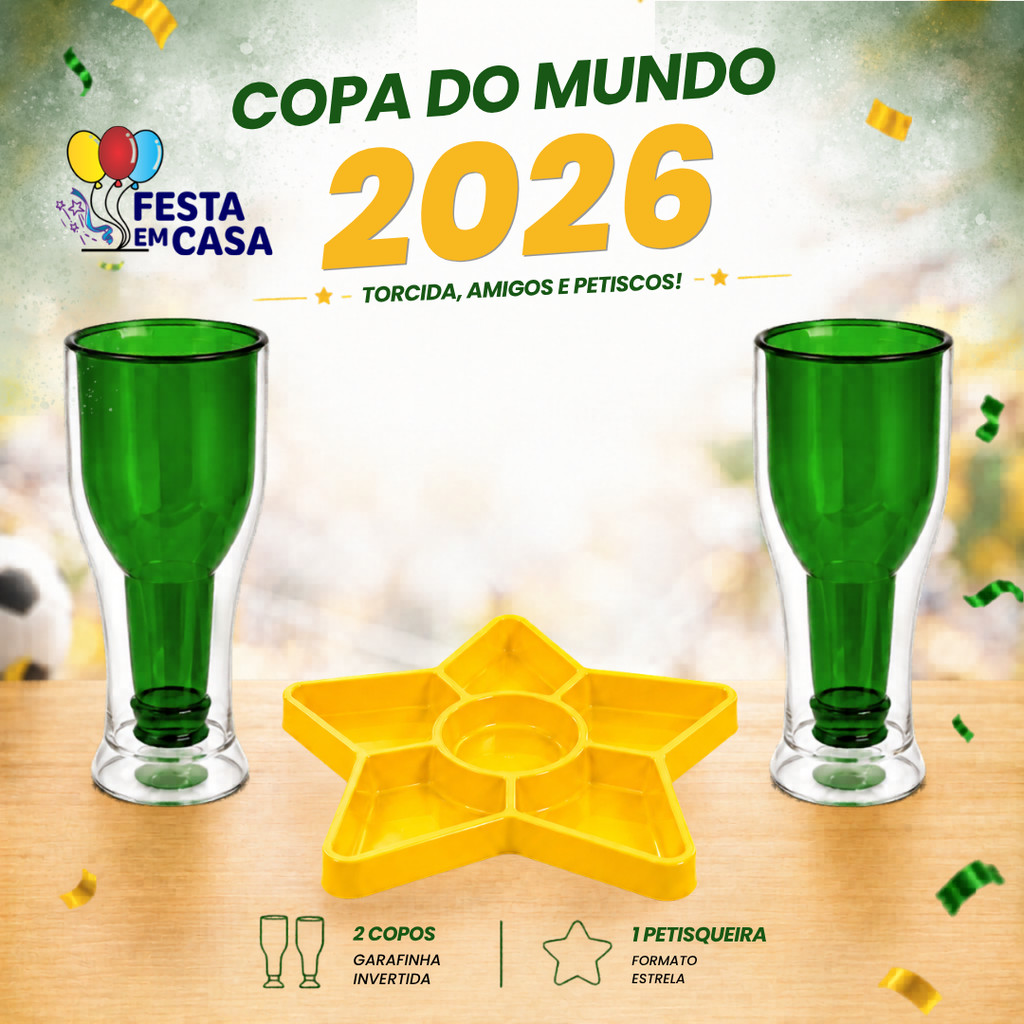 Kit Decorativo 3 Peças Brasil Copa do mundo 2 Copos Garrafinhas Invertida e 1 Petisqueira formato estrela