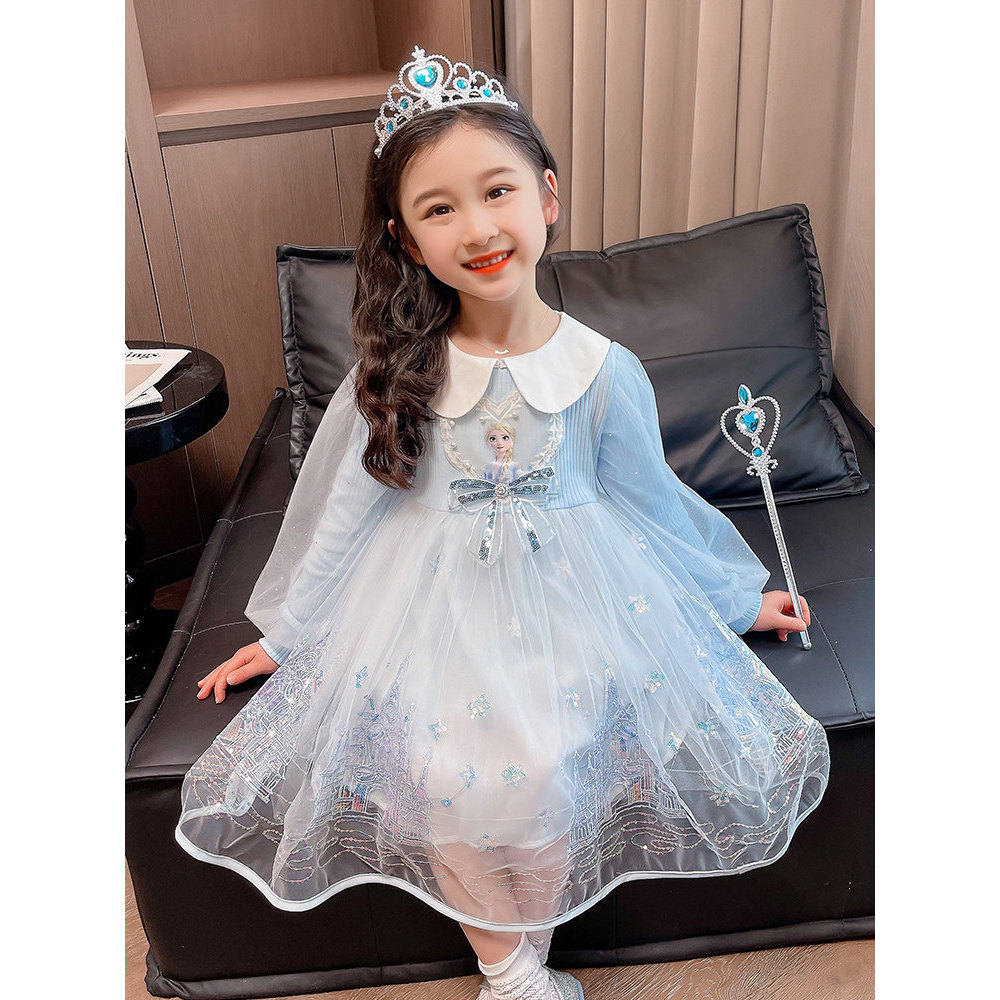 Bebê menina primavera outono manga comprida gola boneca elsa vestido de princesa congelado médio pequeno vestido de gaze