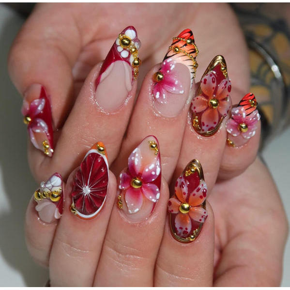 unha postica realista amendoada Floral francesinha 3D Com Cola kit unhas postiças decoradas nails