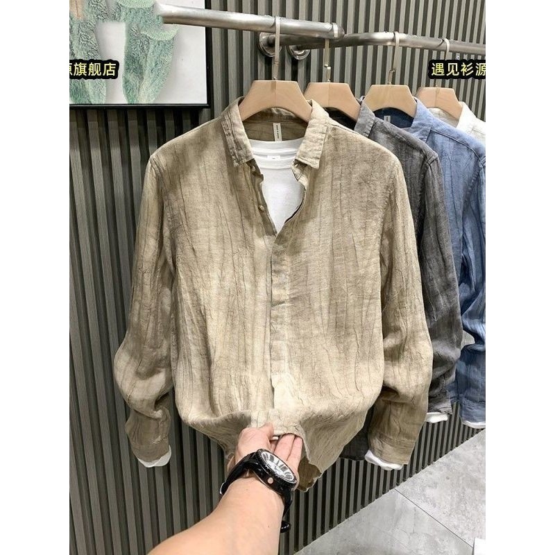 Bens europeus Street Wear primavera outono estilo High-End nicho luz luxo camisa de linho masculino de manga comprida ru