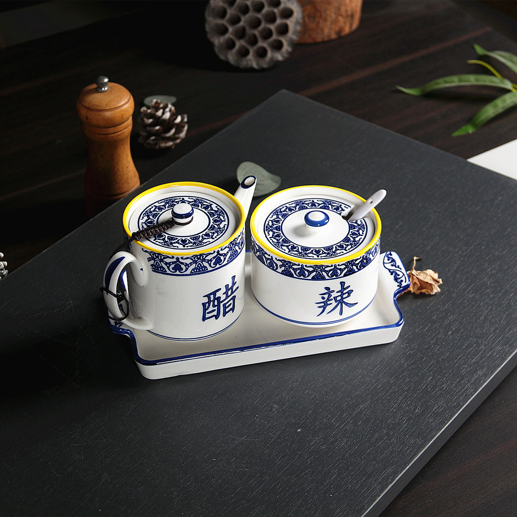 Lanzhou Ramen comercial Retro azul branco porcelana tempero jar conjunto cerâmica vinagre pote pimenta cozinha tempero c