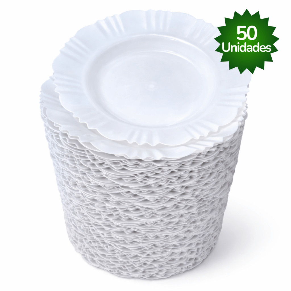kit 5 - 50 Pratos Branco Fundo Com Borda Plástico