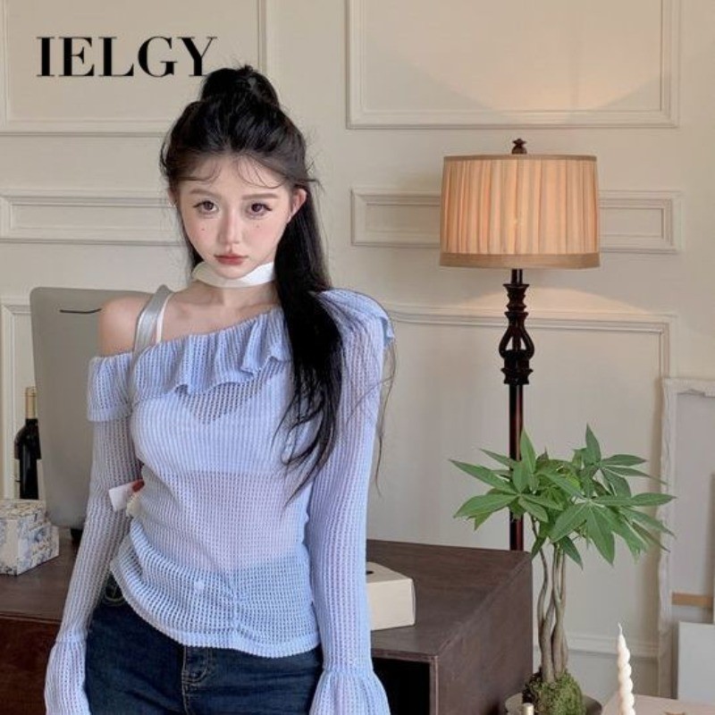 IELGY Blusa de um ombro com babados fora do ombro manga larga oca protetor solar Top feminino verão manga comprida