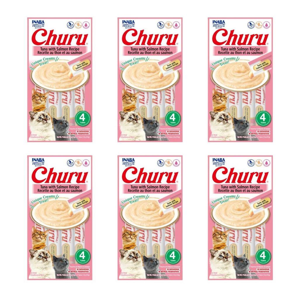 Kit 6 Petisco Inaba Purê Churu Gatos Atum Com Salmão 56G