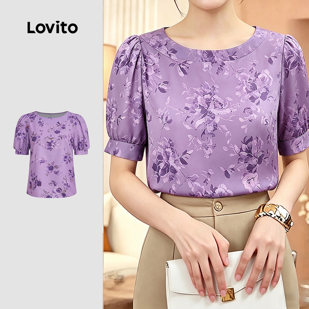Lovito Blusa Casual Plissada com Padrão Blusa Roxa de Primavera/verão para Mulhe