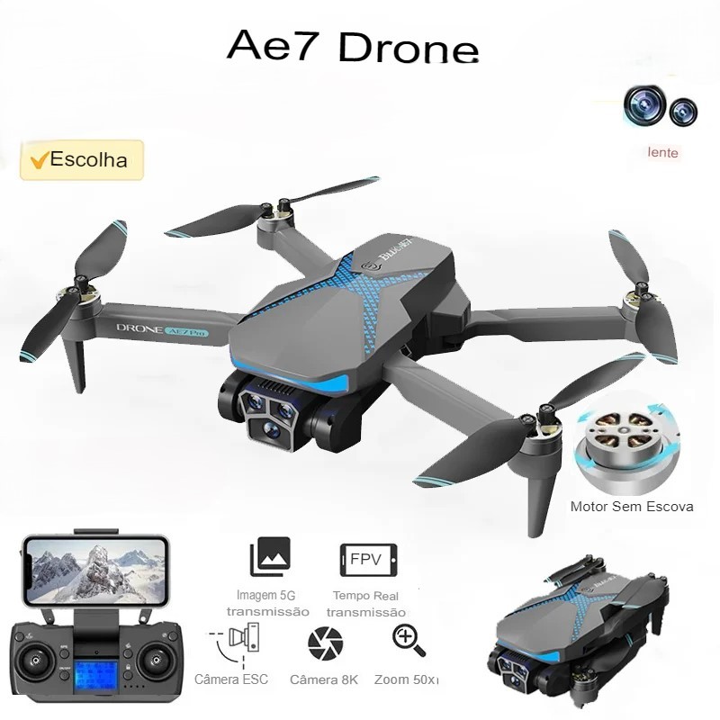 Drone AE7 Motor Brushless com Câmera HD, Fotografia Aérea FPV - 1 Bateria