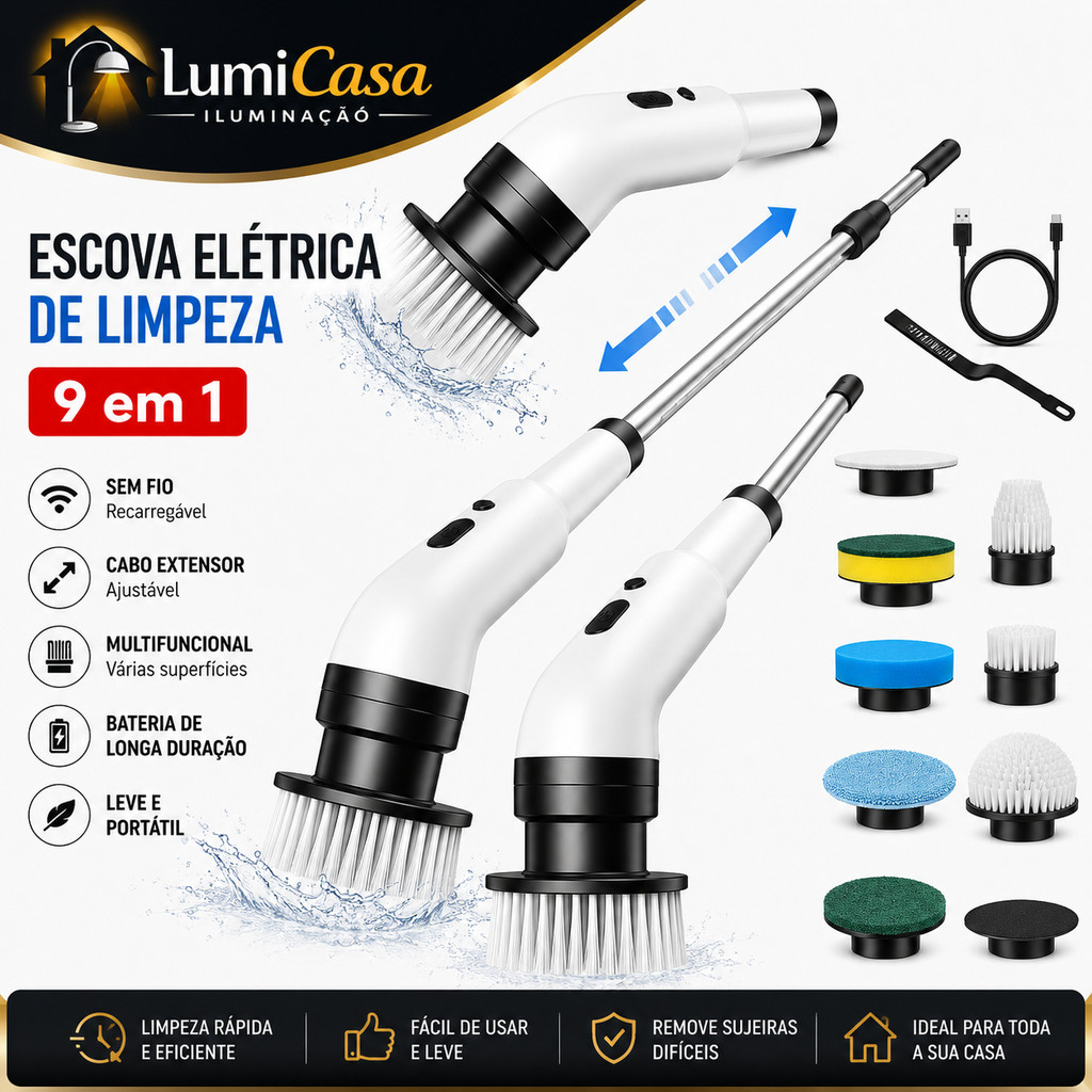 Escova Elétrica de Limpeza Sem Fio 9 em 1 com Cabo Extensor Recarregável para Banheiro Cozinha Piso Vidro e Azulejo