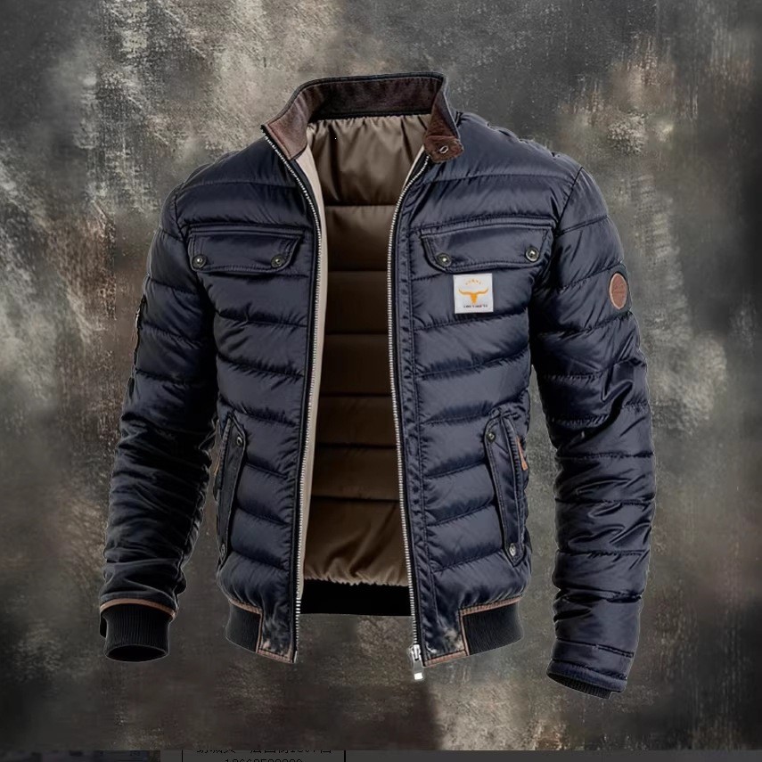 Nova jaqueta masculina de algodão com gola alta, casual, quente e com forro de algodão espesso para o inverno.