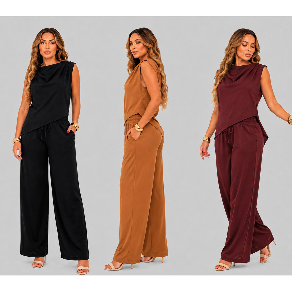 Conjunto Feminino Uma Alça Social Duna Elegante Blusa Nula Manga e Calça Pantalona Alfaiataria Mula Manca Moda Promoção