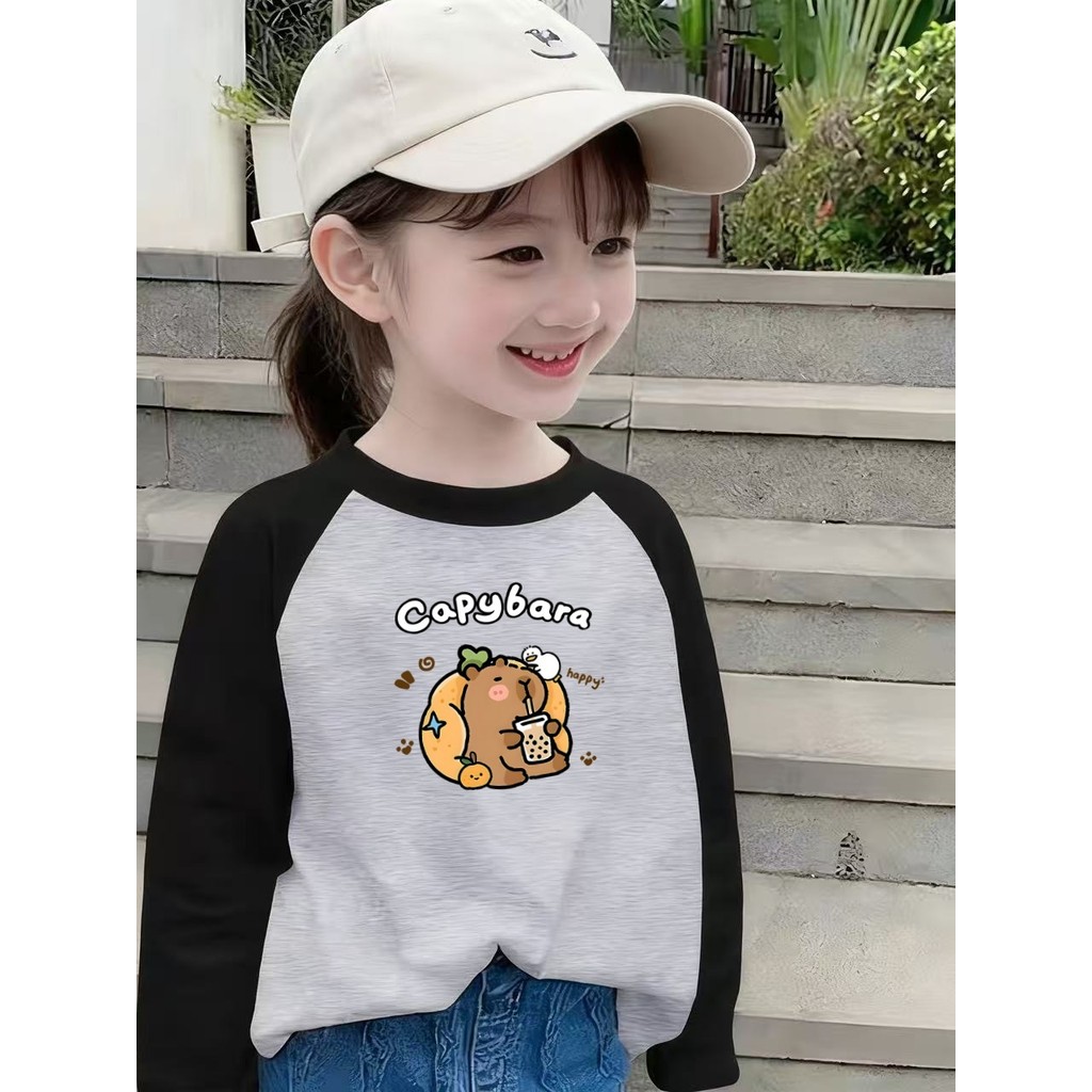 Kapibara cor combinando médio grande crianças puro algodão camiseta moda Casual meninas estilo coreano topos primavera o