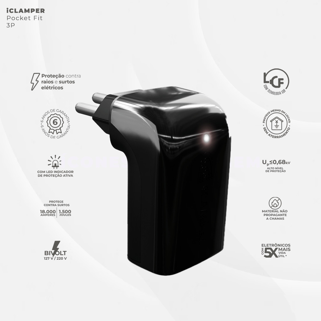 Protetor contra surtos iCLAMPER Pocket Fit 3P 20A - LCF(DPS) - 127/220 volts - 20 amperes - 1 tomada - 3 pinos