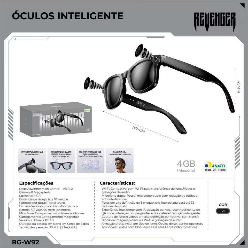 Óculos com Câmera HD 8MP Inteligente Bluetooth