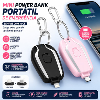 Mini fonte de alimentação portátil de emergência para iPhone e Android, com chaveiro e ca…