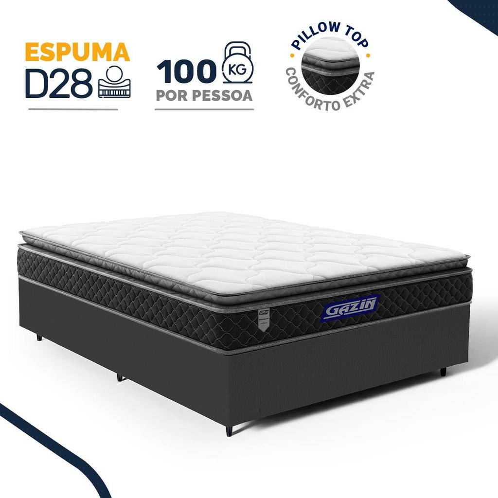 Cama Box com Colchão Gazin de Espuma D28 Pillow Top Ortoblack Casal 138cm