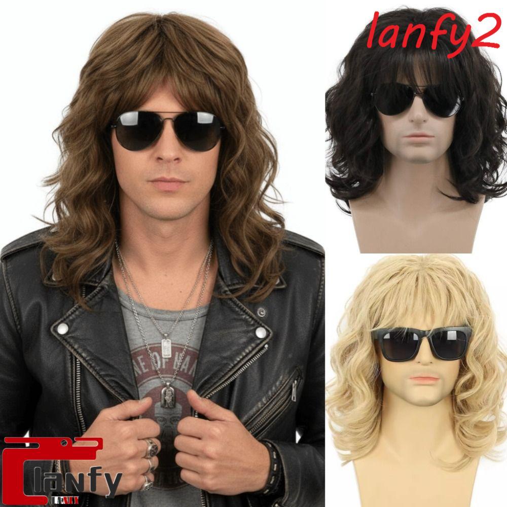 LANFY Perucas Sintéticas Cosplay Para Homens , Onduladas Masculinas Encaracoladas De Comprimento Médio , Cabelo Castanho
