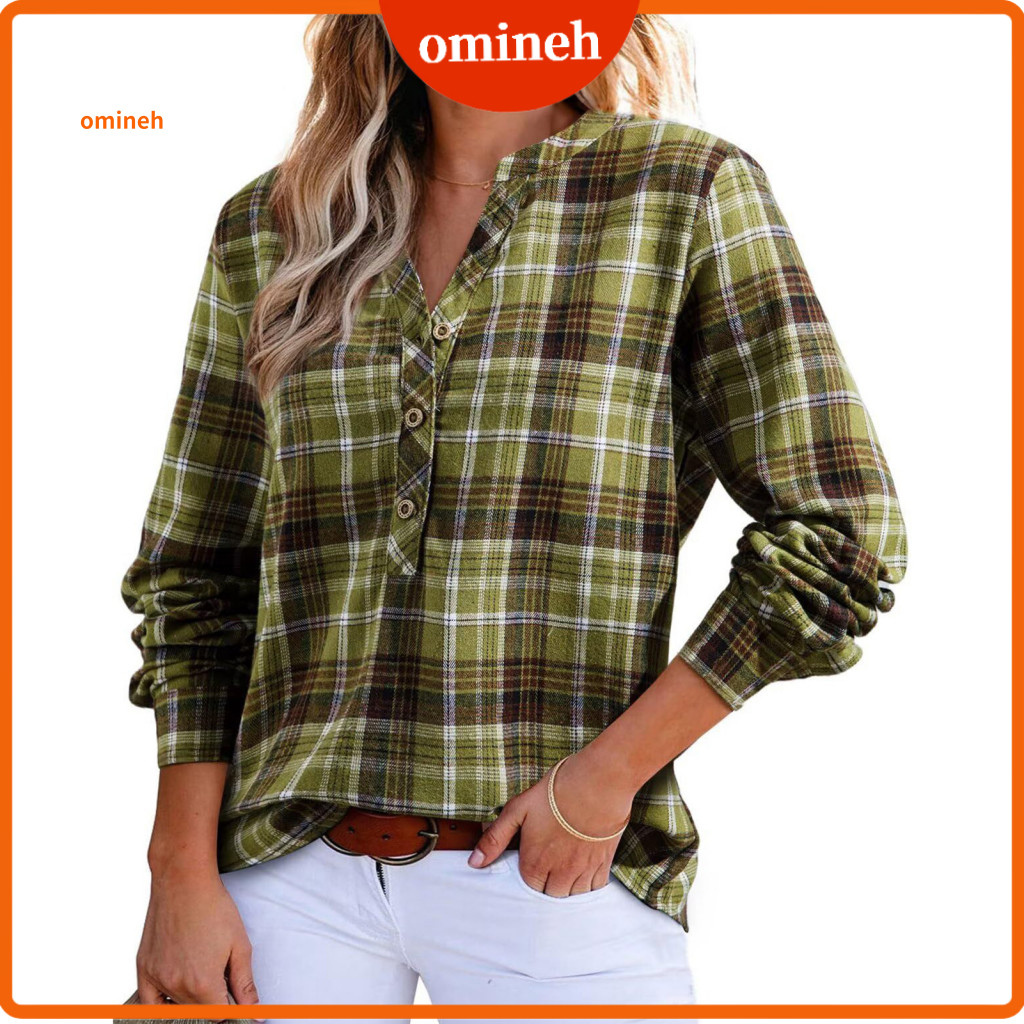 V-neck Women Tops Plaid Shirt Women’s V Neck Long Sleeve Pullover Top with Buttons Half Placket Office Blouse Regular